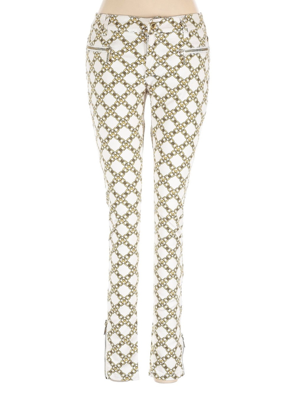 Michael Kors White Gold Chain Print Skinny Pants Ankle Zip